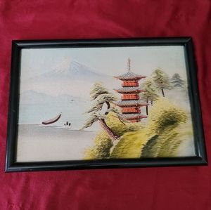 Vintage Japanese Silk Embroidery Landscape Original Art Mid Century Art Mt Fuji